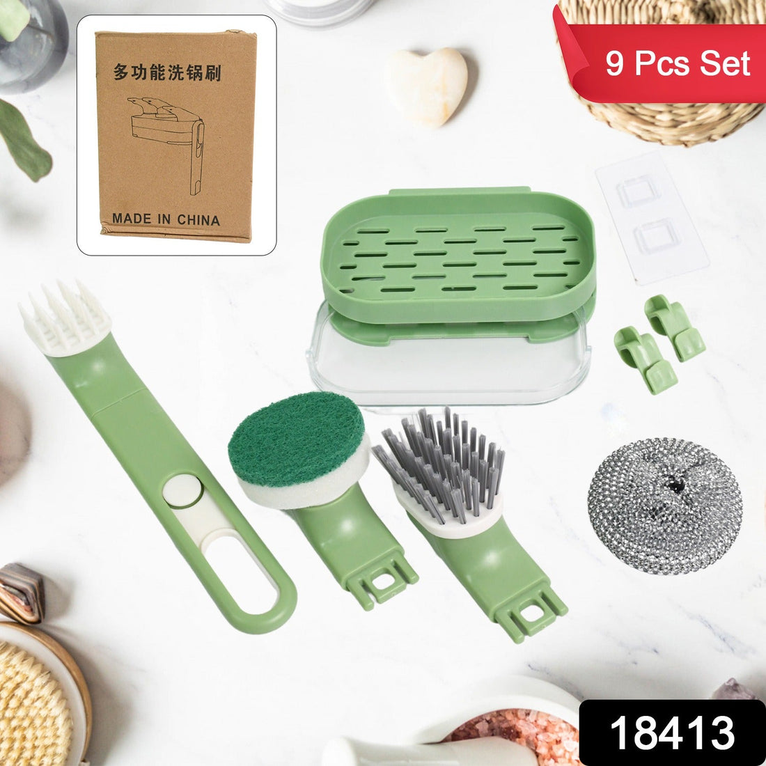 9-piece Dish Brush Set with long handle and various replacement heads in a modern kitchen setting.