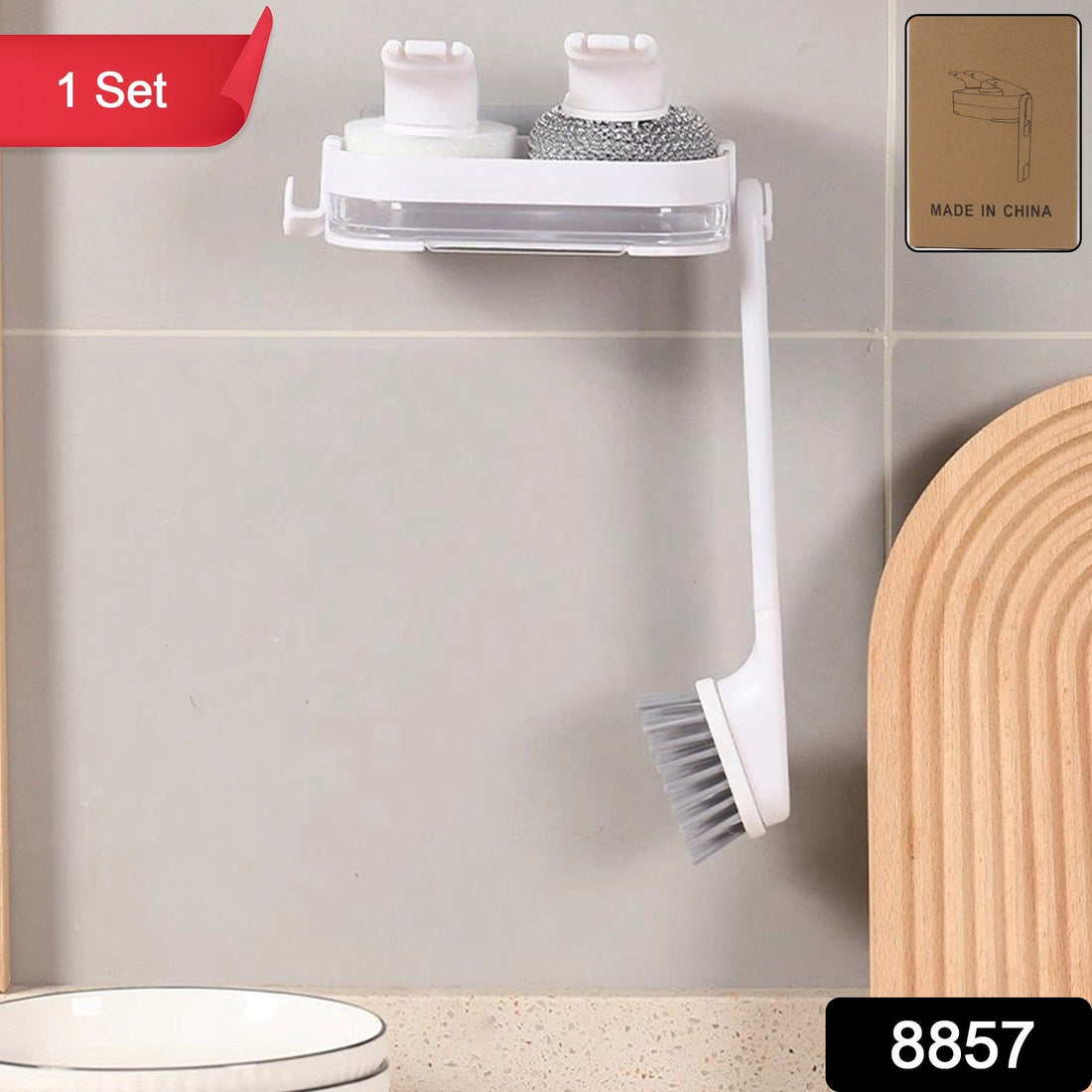 Wall mounted cleaning combo set with brush and storage tray for kitchen sink organization
