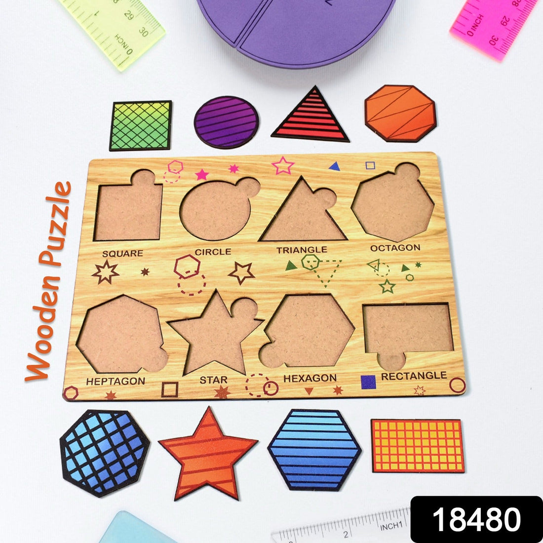 Wooden Triangle Puzzle board with colourful geometric pieces for kids' early learning.