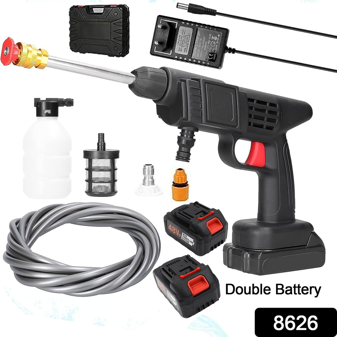 Carivox Cordless Car Washer gun kit with 48V battery and accessories.