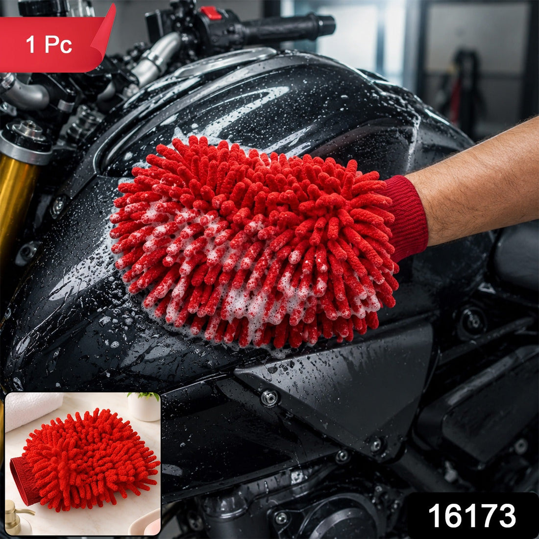 A red microfiber chenille wash glove with suds on a black motorcycle tank, with a smaller inset image of the glove.