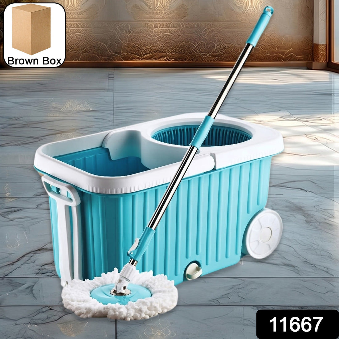 Spin Mop with 360° rotating microfiber head and stainless steel spinner with large bucket