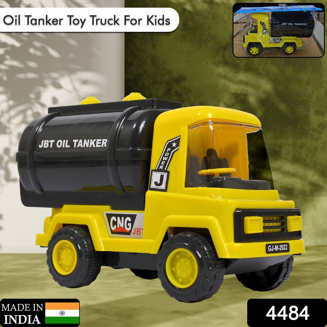 Bright yellow unbreakable toy truck, an oil tanker with blue details, ready for play.