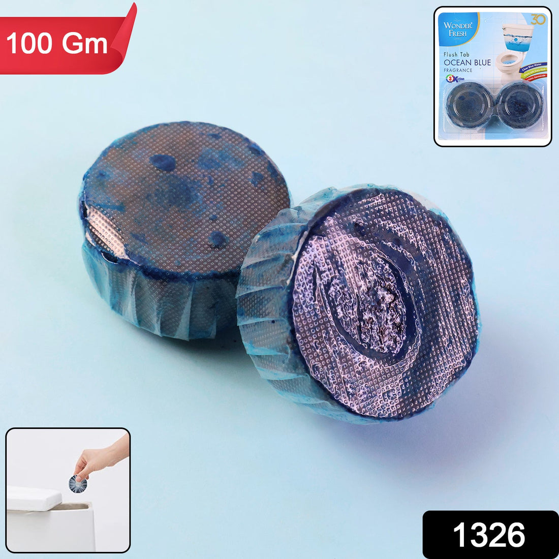 Wonder Fresh Toilet Cleaner Tabs in Ocean Blue packaging, ready for use.