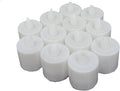 Several LED tealight candles illuminating a dark setting, showing their warm glow.