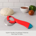 Compact pizza cutter with ergonomic grip storing efficiently in kitchen drawer.