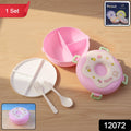 Close-up of the Donut Lunch Box showing three compartments and included spoon.