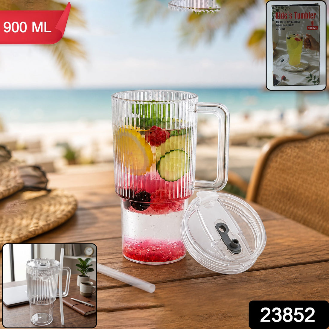 Kids Tumbler 900ml with Handle Lid and Straw Ribbed Water Sipper Cup (1 Pc) product image