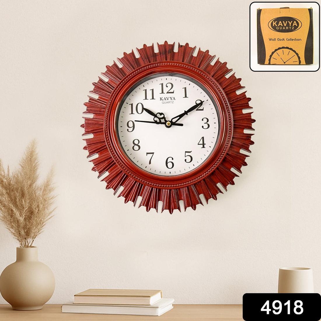Elegant wooden look wall clock with rose gold accents and a white dial, perfect for living rooms.